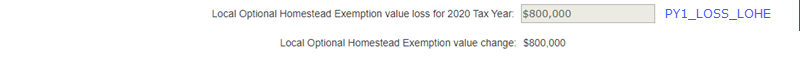 Screenshot showing entry of the property value subject to a limitation on appraised value under Chapter 313 tax code and the local optional Homestead Exemption value loss fo the 2020 tax year